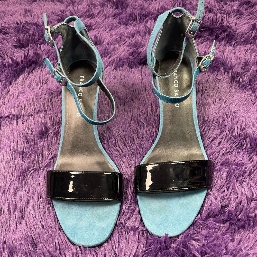 Franco Sarto Double Ankle Strap Stiletto Heel Blue Suede & Black Patent Leather - Picture 2 of 8